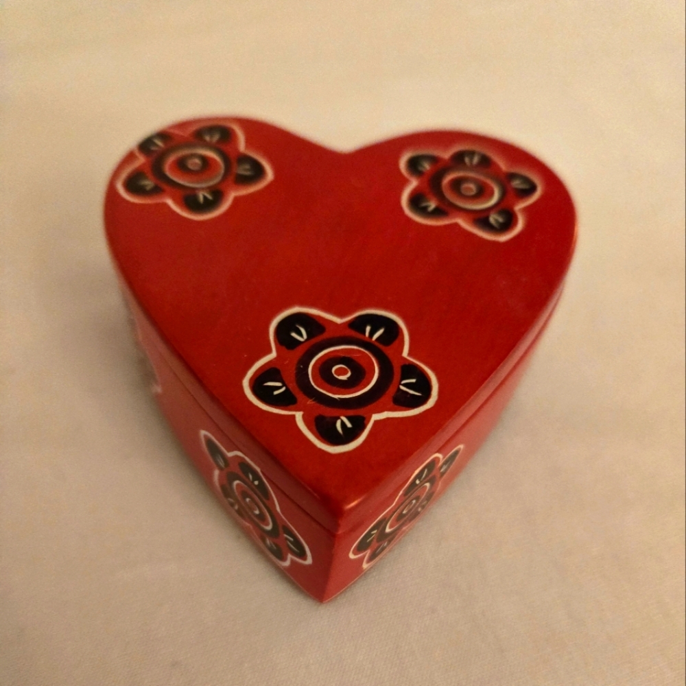 Antique Red Heart-Shaped Decorative Trinket Box